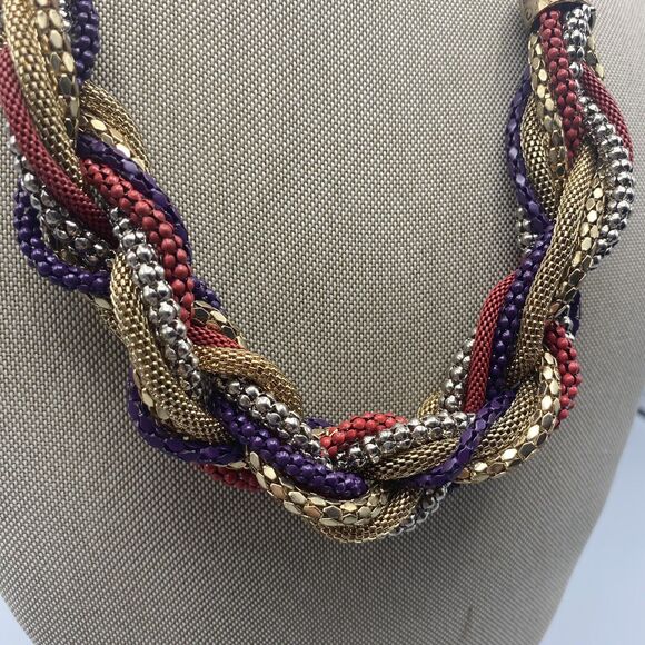 Ali-Khan Braided Mesh Chain Beaded Ribbon Necklace Multicolor Metallic‎ New York - Picture 4 of 7